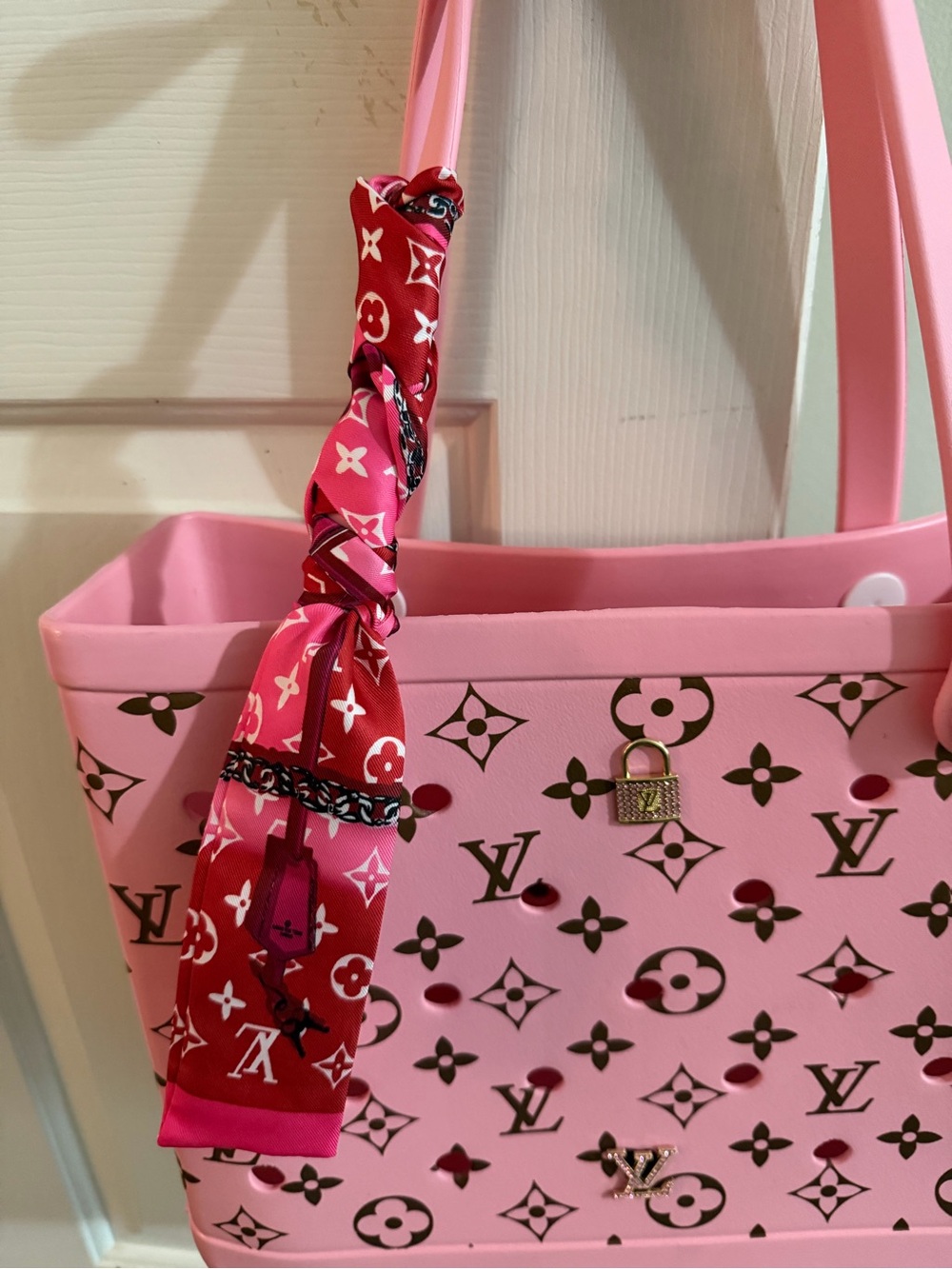 Pink Tote with Red Accent Scarf - Picture 2 of 5
